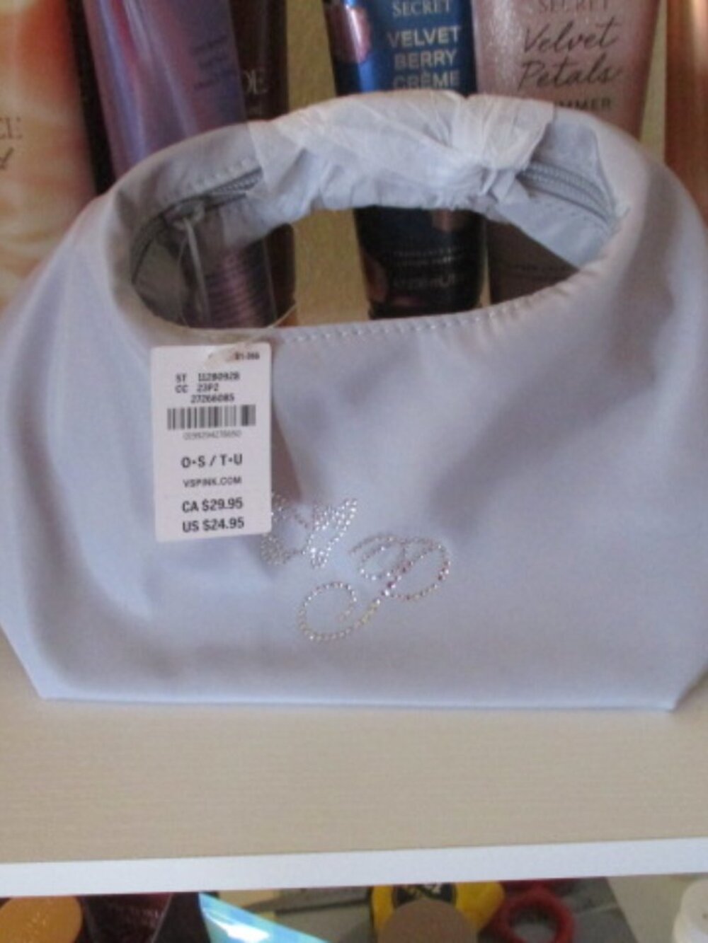 PINK VICTORIA SECRETS Nylon Snap Makeup Bag, Dusty Lilac Diamanté Butterfly NWT